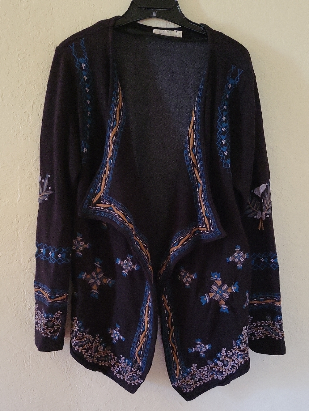 Caite Embroidered Open Front Cotton Blend Cardigan